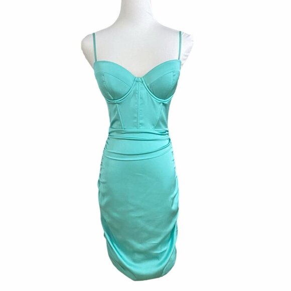 OH POLLY AQUA SATIN BUSTIER CINCHED MINI COCKTAIL DRESS 5723 BATCH A IN GREEN - Picture 1 of 9